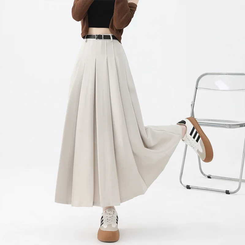 Solid Elegant High Waisted Long Skirts 2025 Spring Fashion Slim Pleated Skirts Korean Style Women's Clothing A-line Skirts