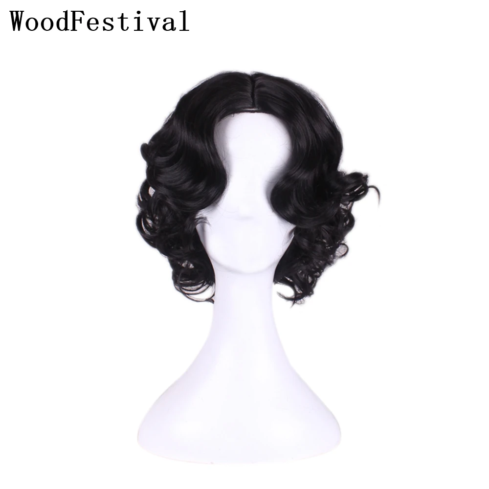 

WoodFestival Synthetic Hair Black Short Wig Cosplay Wigs For Women Halloween Brown Curly Ombre Green Burgundy Anime Party