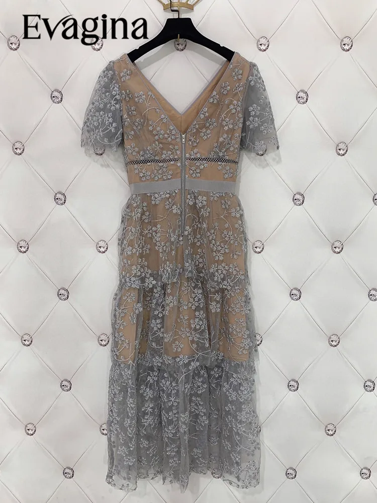 Evagina Spring-Summer Polyester Sexy Mesh Embroidered Flowers Layered Slim V-Collar High-Waisted Grey Dress