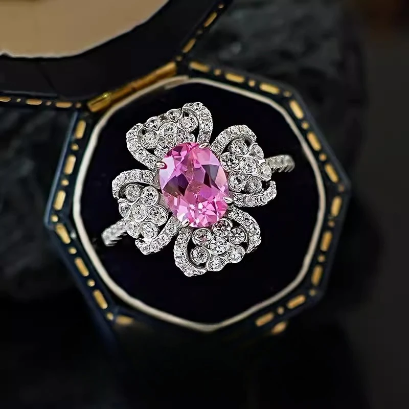 

Artificially Cultivated High Carbon Diamond Rose Red Tourmaline Flower Ring for Women, 925 Silver Gold-plated Jewelry