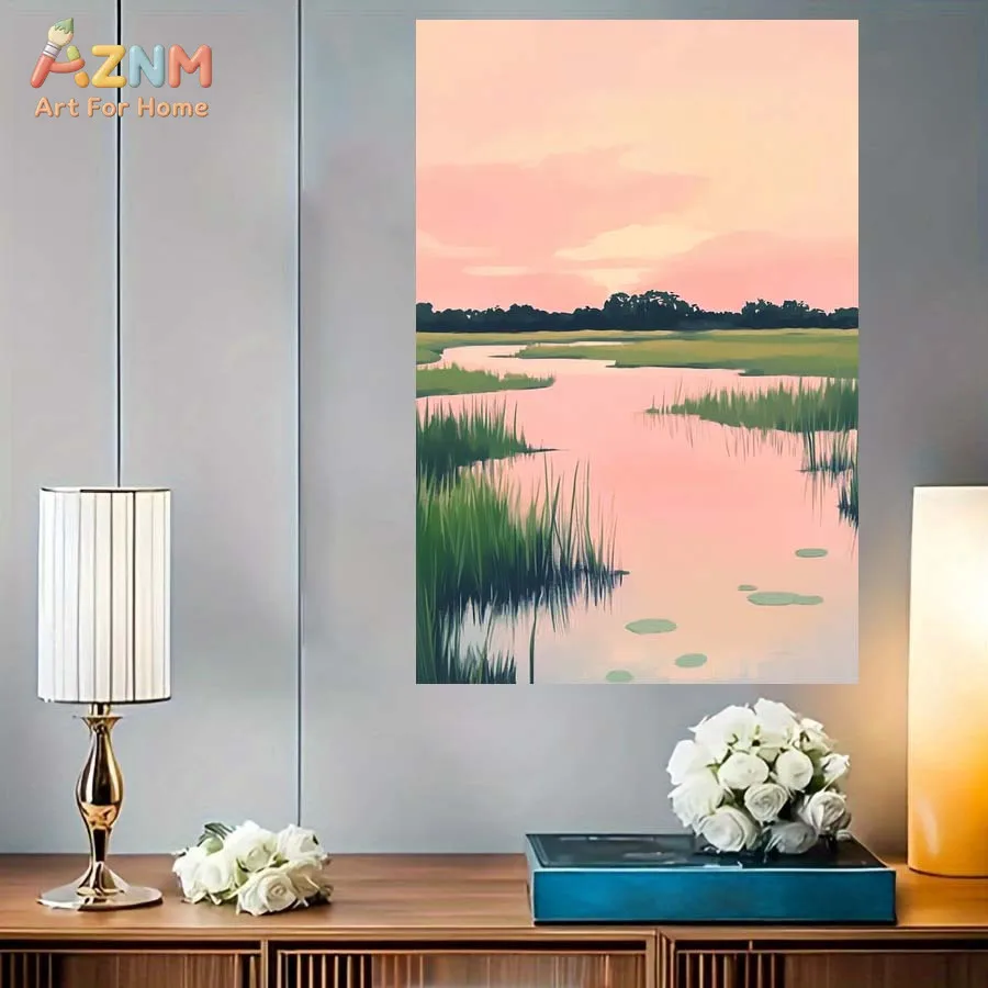 AZNM Pastel Pink Sunset Wetland Canvas Print Soft River Reed Marsh Scenery Minimalist Nature Landscape Wall Poster Unframed Home