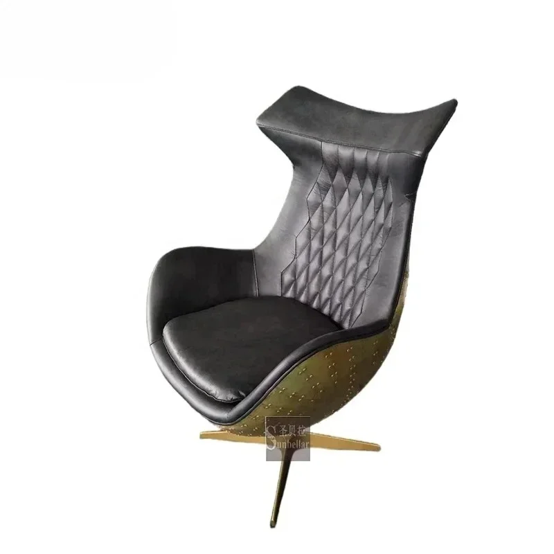 Aviation Furniture Executive Luxury Boss Chair Black Genuine Leather Antique Metal Brass Back Home Office