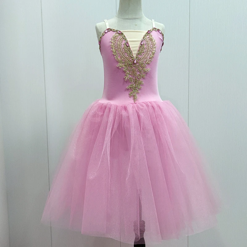 バレエドレス、ロングスタイルシフォンパフォーマンス衣装、子供用パフスカート、リトルスワンストラップレスダンスパフォーマンス衣装