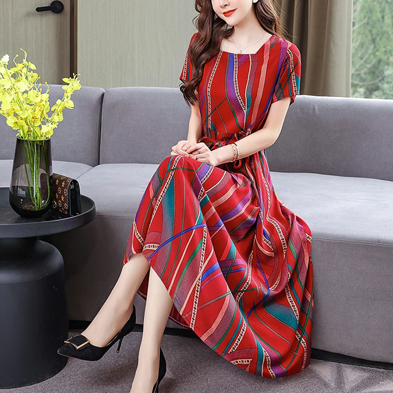 New Fashion Loose Summer Dresses For Women 2023 Flower Print Short Sleeve Square Collar Dress Vintage Women Clothing