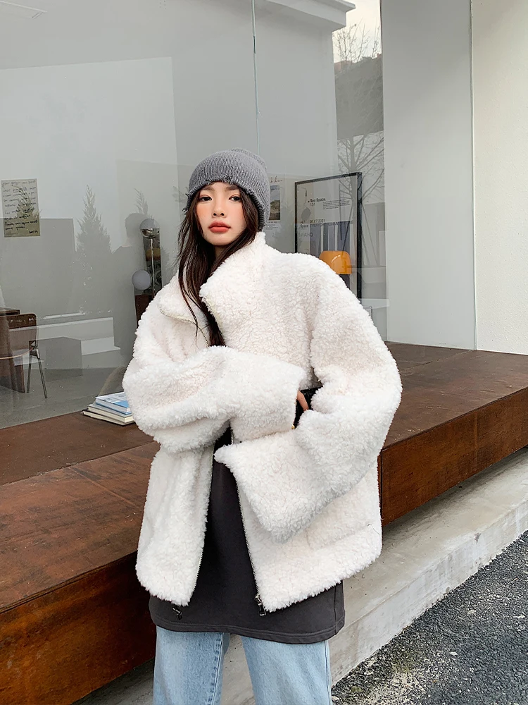 Jaqueta de Pele de Cordeiro Sweet Cool Sister, Nova Coleção Inverno 2024, Gola Alta, Versão Coreana, Veludo de Couro para Mulheres