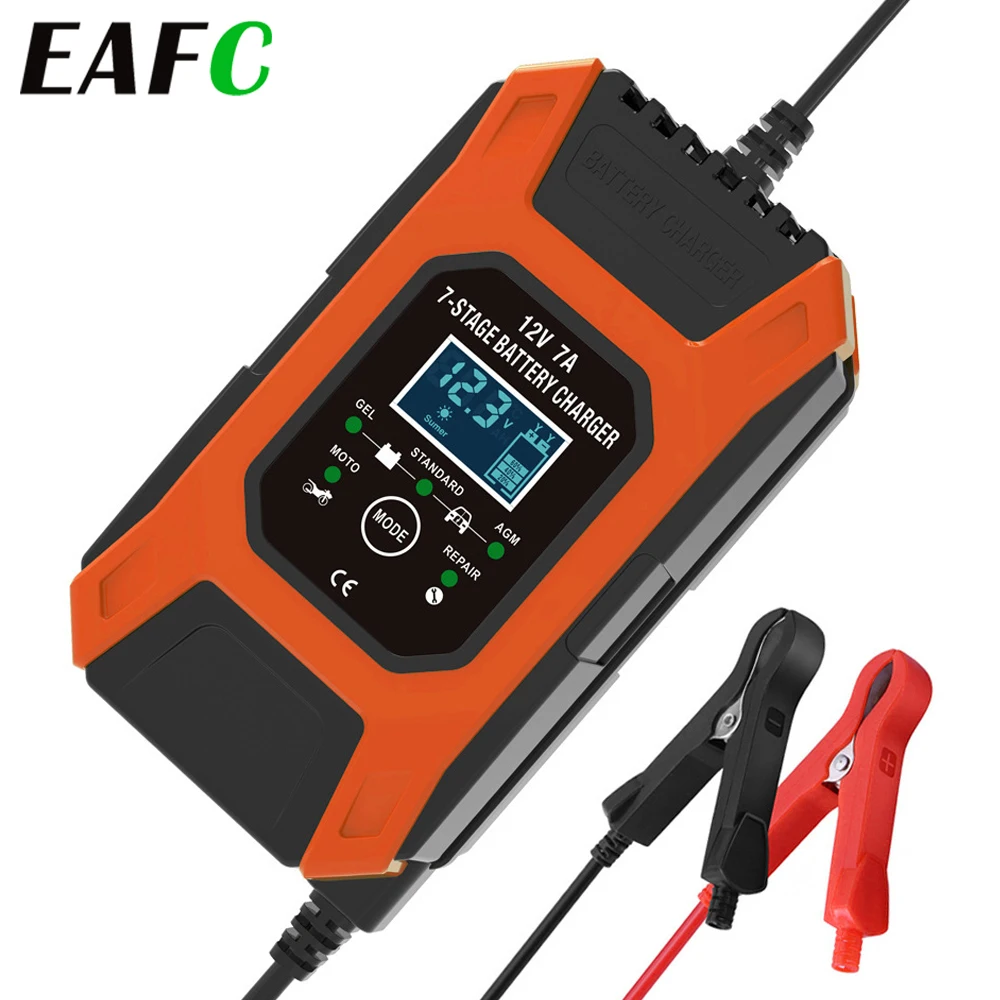 Smart Automatic Battery Charger for 12V 7A Car Motorcycle AGM Lead-Acid GEL WET Pulse 7-stage LCD Maintainer & Desulfator