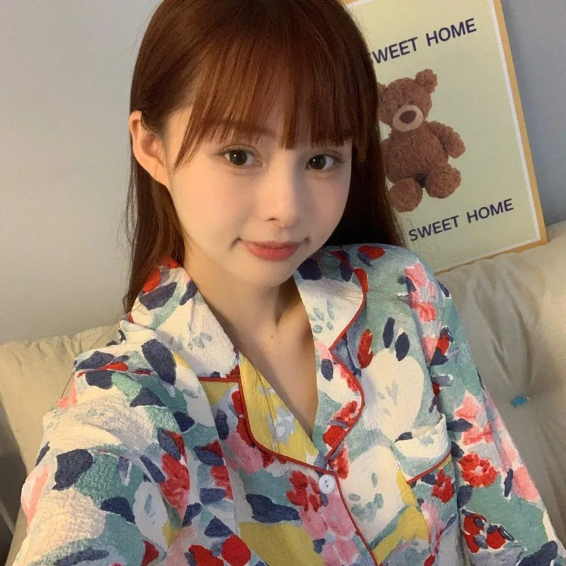 High Appearance Level Watercolour Pajamas Female New Style Long Sleeve Autumn and Winter Thin Home Dress Set Can Be Worn Outside