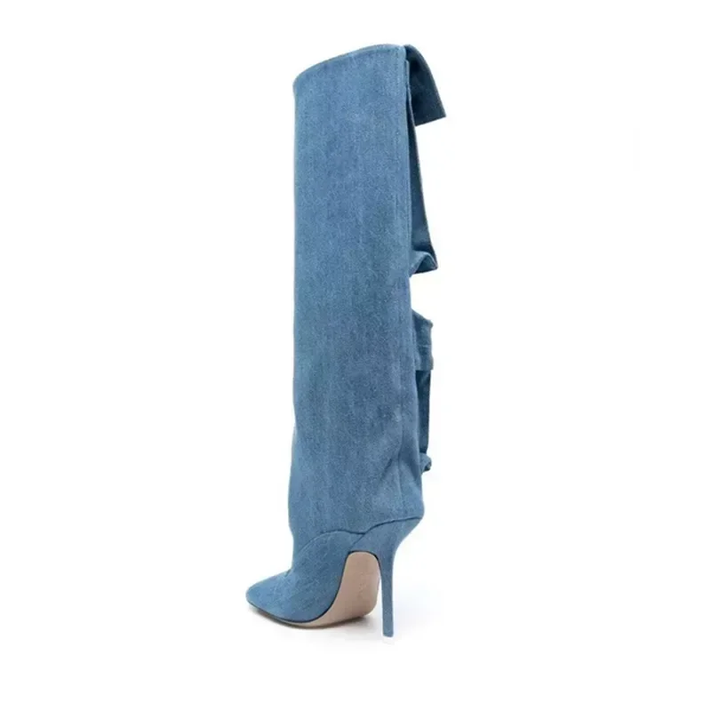 European And American Fashion, High Heels, Square Toe, Retro Denim Pockets, Fabric Surface, Knee Length Oversized Sleeve Boots