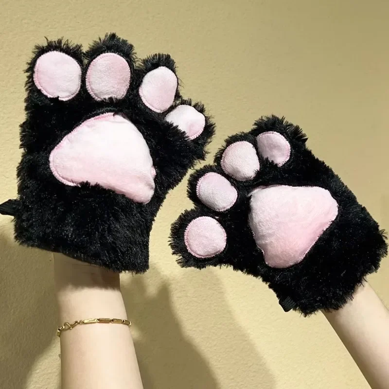 Cute Fluffy Bear Cat Paw Gloves Fluffy Plush Cartoon Animal Anime Lolita Cosplay Mitten Women Winter Warm Fingerless Gloves