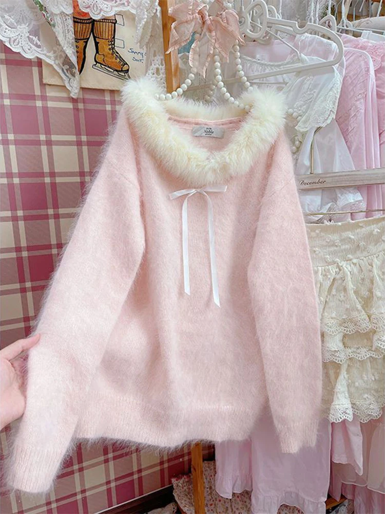 Sweet Korean Knitted Sweater Women Autumn Winter Faux Fur Jumper Female Japanese Kawaii Jumpers Vintage Elegant Y2k Pullover