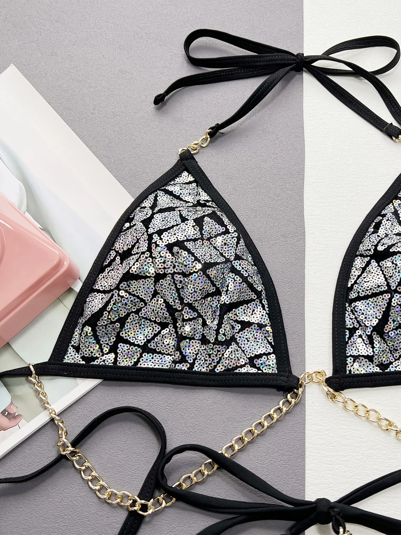 Sexy Metallkette Glitzer Silber Schwarz Bikinis Sets Zweiteiler Tanga Badeanzug Bademode Damen Strand Outfits Biquini Tankini