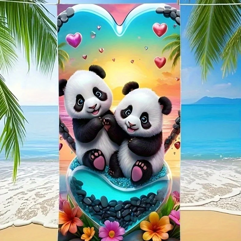 Cartoon Panda Bamboo Striped Beach Towel Cute Animal Print Lightweight Travel Bath Towel