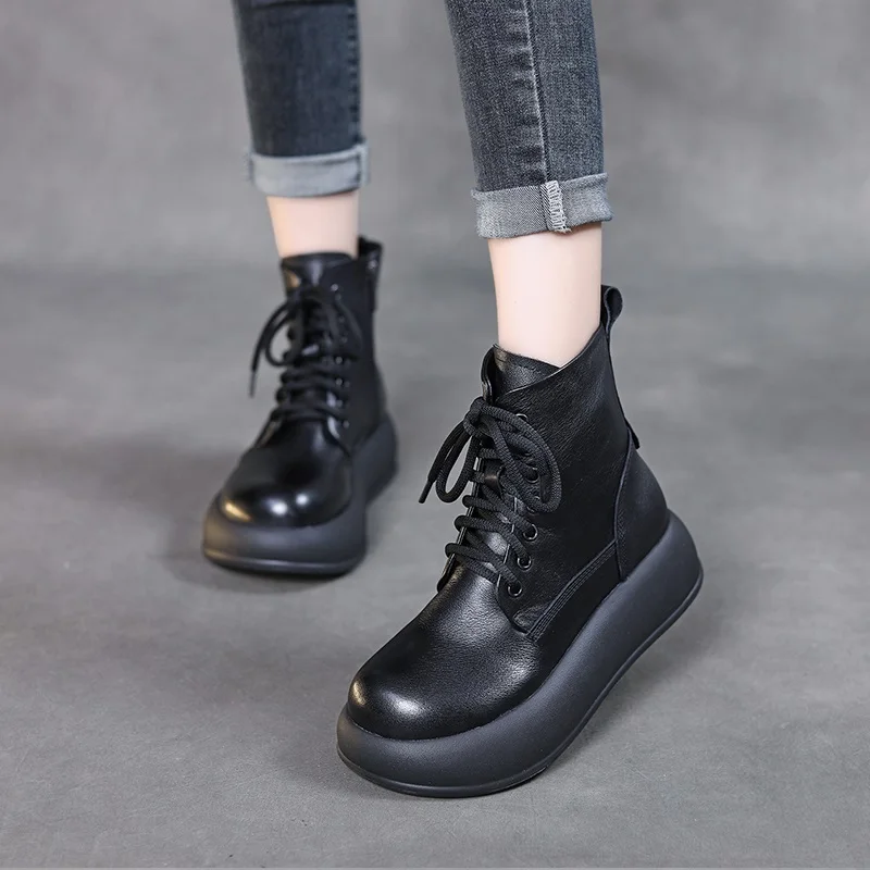 DRKANOL Retro Handmade Women Platform Boots Autumn Winter Round Toe Thick Bottom Zipper Genuine Leather Wedges Heel Ankle Boots