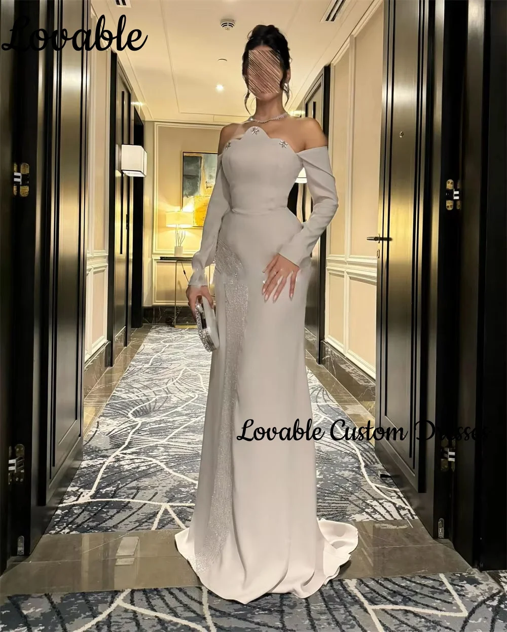 Robes de soirée pour femmes, colonne personnalisée, épaules dénudées, longueur au sol, robes d'occasion formelles, fermeture éclair perlée, manches longues