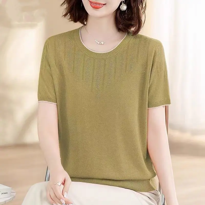 Knitted Short Sleeved Sweater One Line V-neck Slim Fit Basic Top Korean Fashion Clothing Q293