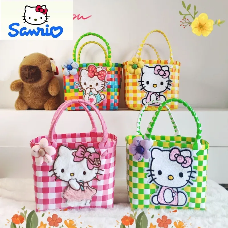 

2025 New Fashionable Weaving Cute Cartoon Hello Kitty Anime Handbag Student Creative Versatile Beach Bag