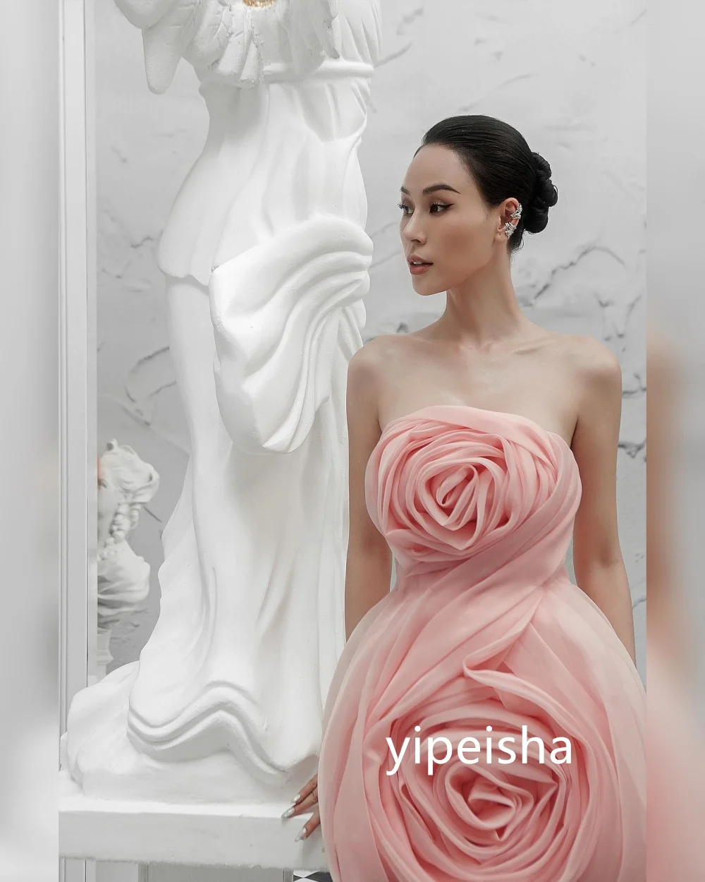 Klassieke Organza Bloem A-Lijn Strapless Korte Jurken Prom Jurken Prachtige Moderne Stijl Pastrol Unisex Chinese Stijl Formeel