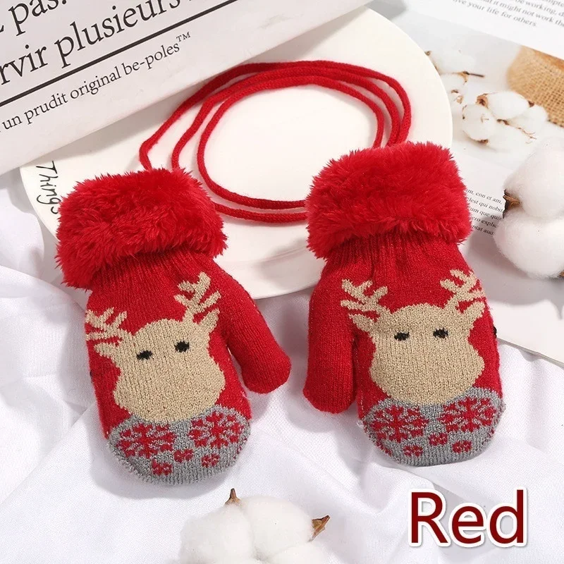 Autumn & Winter Full-Finger Warm Gloves for Primary School Kids（2-7 Years） Faux Rabbit Fur Christmas Deer Pattern Cold-Resistant