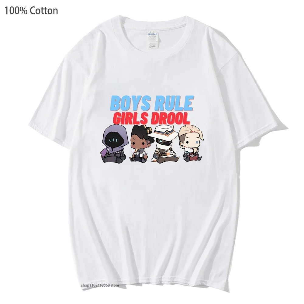 

Valorant Tshirt Omen Cypher Sova Boys Rule Girls Drool Cute Cartoon Shirt O-Neck Unisex Tops Short Sleeve Men Clothing Women Tee