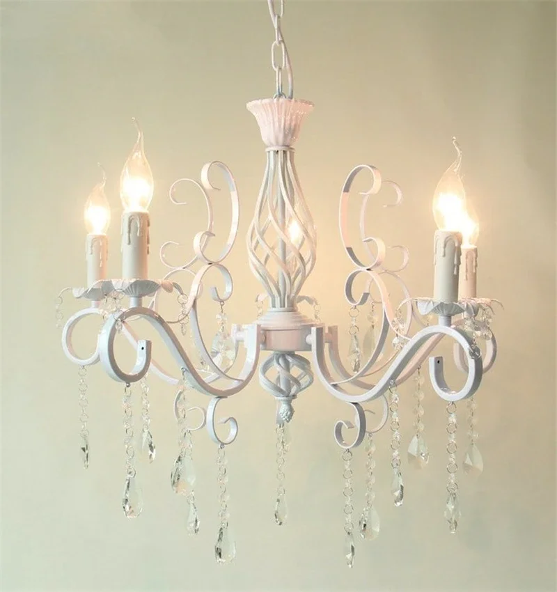 Home Vintage Wrought Iron Crystal Chandelier White Ceiling lamp E14 Candle Lights Lighting Fixture