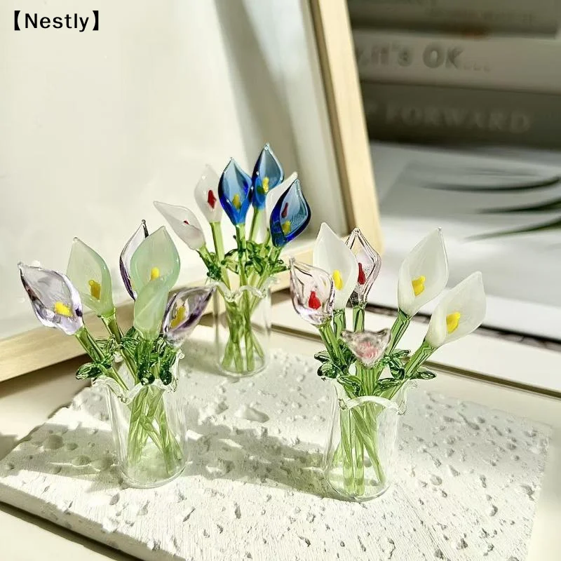 Handcrafted Glass Callalily With Stem Hand-Blown Mini Glass Flower Figurine Decoration Home Colorful Floral Ornament〔Nest〕