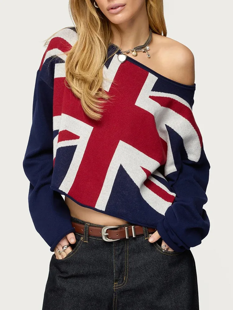 Vintage Street Flag Muster Strickpullover Y2K Harajuku 2000er Ästhetik Off-Shoulder Cropped Langarm Oversized Pullover Top