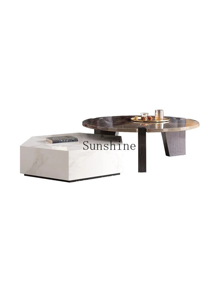 Rock slab coffee table, square and circular, living room, color blocked, high-low combination coffee table