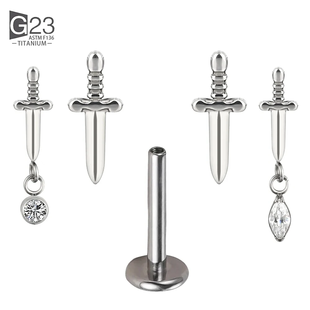 

ASTM F136 Titanium Sword Pendant PIERC Labret Lip Stud Ear Cartilage Tragus Helix Piercing Threaded Ear Studs Body Jewelry