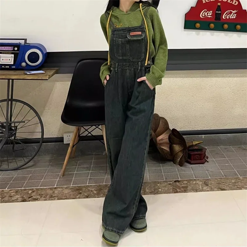 Women\'s Vintage Blue Denim Overalls Fashion Wide Leg Suspender Jumpsuits Pants Female Streetwear Rompers Straight Trouser