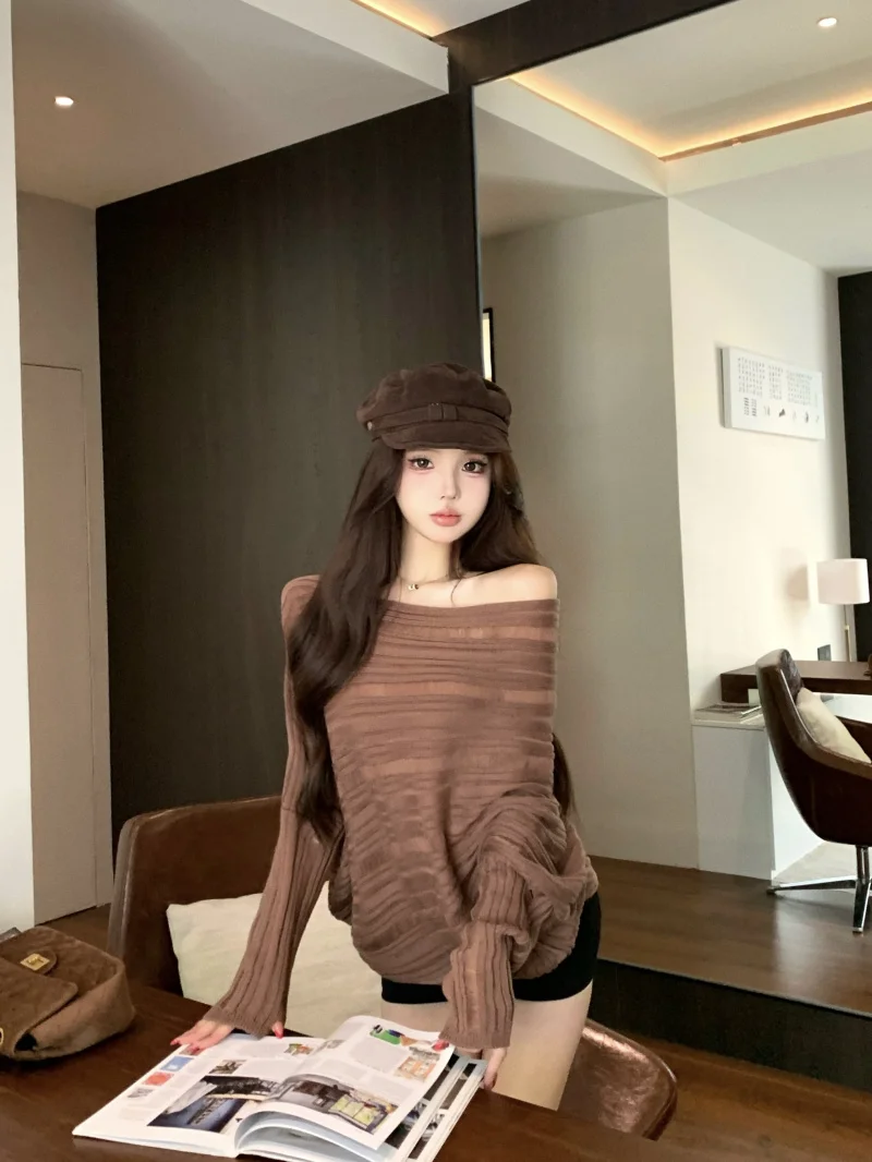 

Женский вязаный топ Laid-ba Chic кофейного цвета на одно плечо, свободного кроя, с асимметричной текстурой, осенний, с длинными рукавами