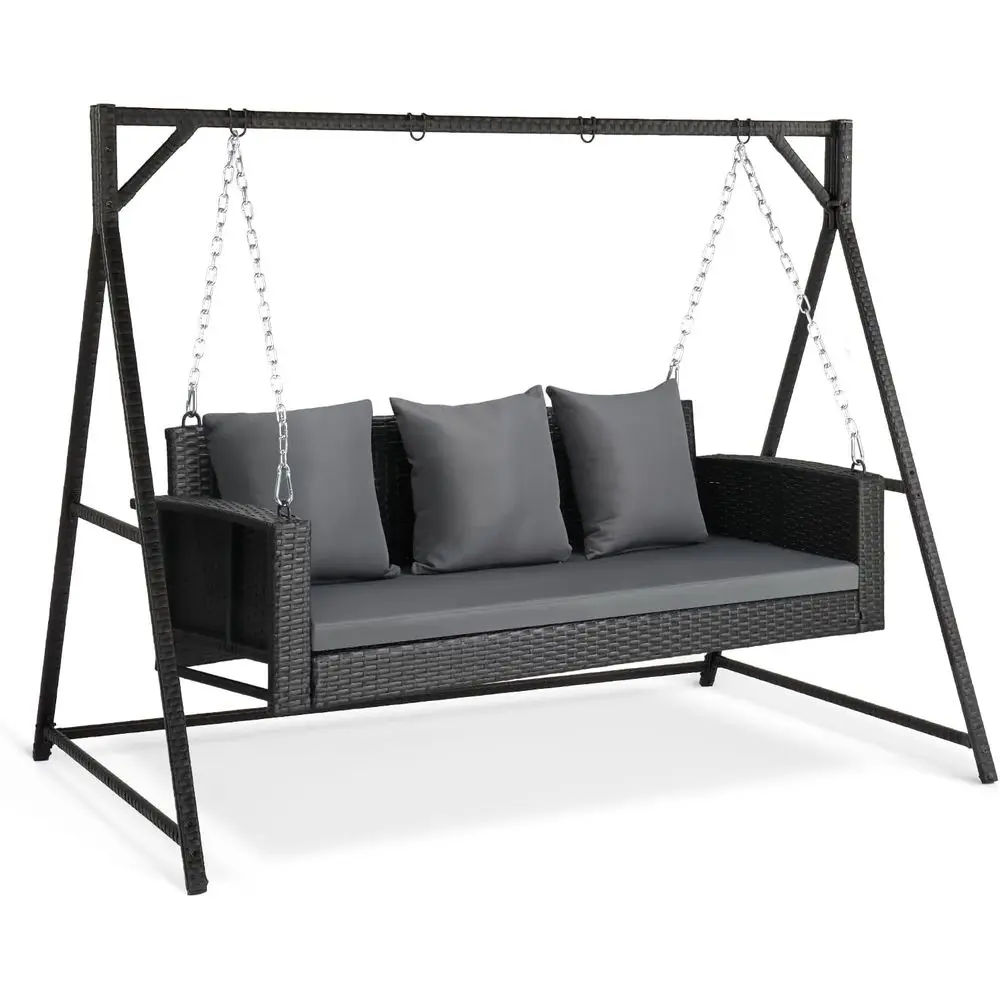 Durable 800 lbs Wicker Hanging Swing with Cushions for Outdoor Porch, Garden, Lawn - Black