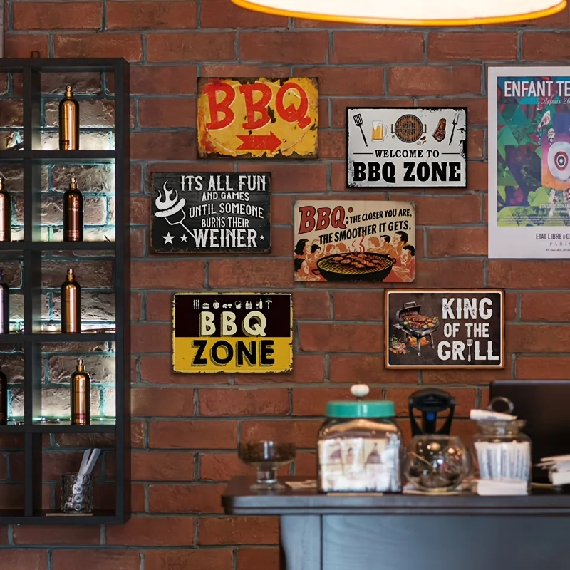2D Flat, 2pcs Set of 6 Vintage BBQ Area Metal Iron Signs - Nostalgic Barbecue Themed Wall Decor, 20.32x30.48 cm, Featuring Color