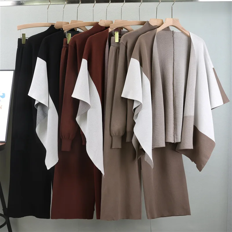 2025 Autumn Winter New European American Fashion Knitted Color Matching Shawl Wide-leg Pants Three-piece Sets Temperament Outfit