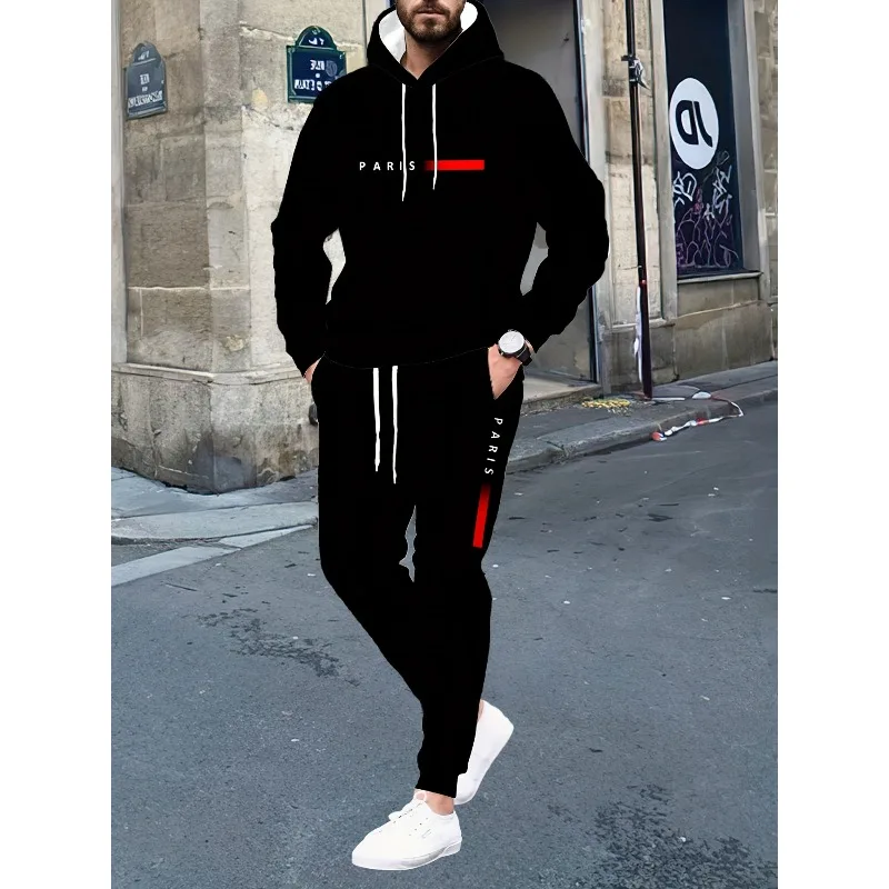 2 piece Men's Paris Letter Striped 3D Printed Comfortable Hooded and Long Pants Set Suitable for Spring and Autumn Wear