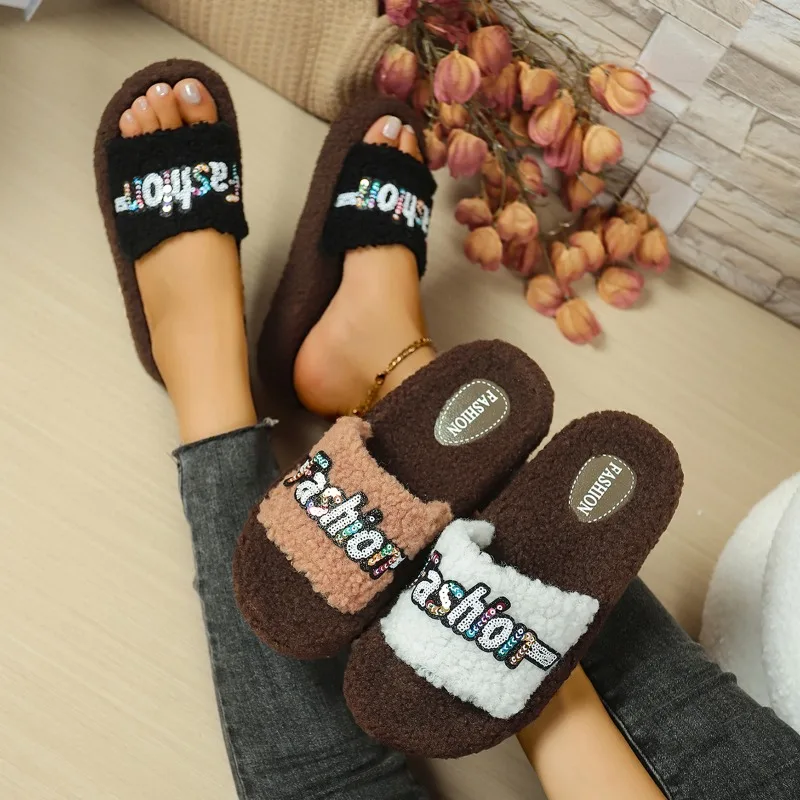

2025 модные новые милые теплые хлопковые зимние легкие бархатные повседневные тапочки на плоской подошве с круглым носком и мелким ртом для женщин