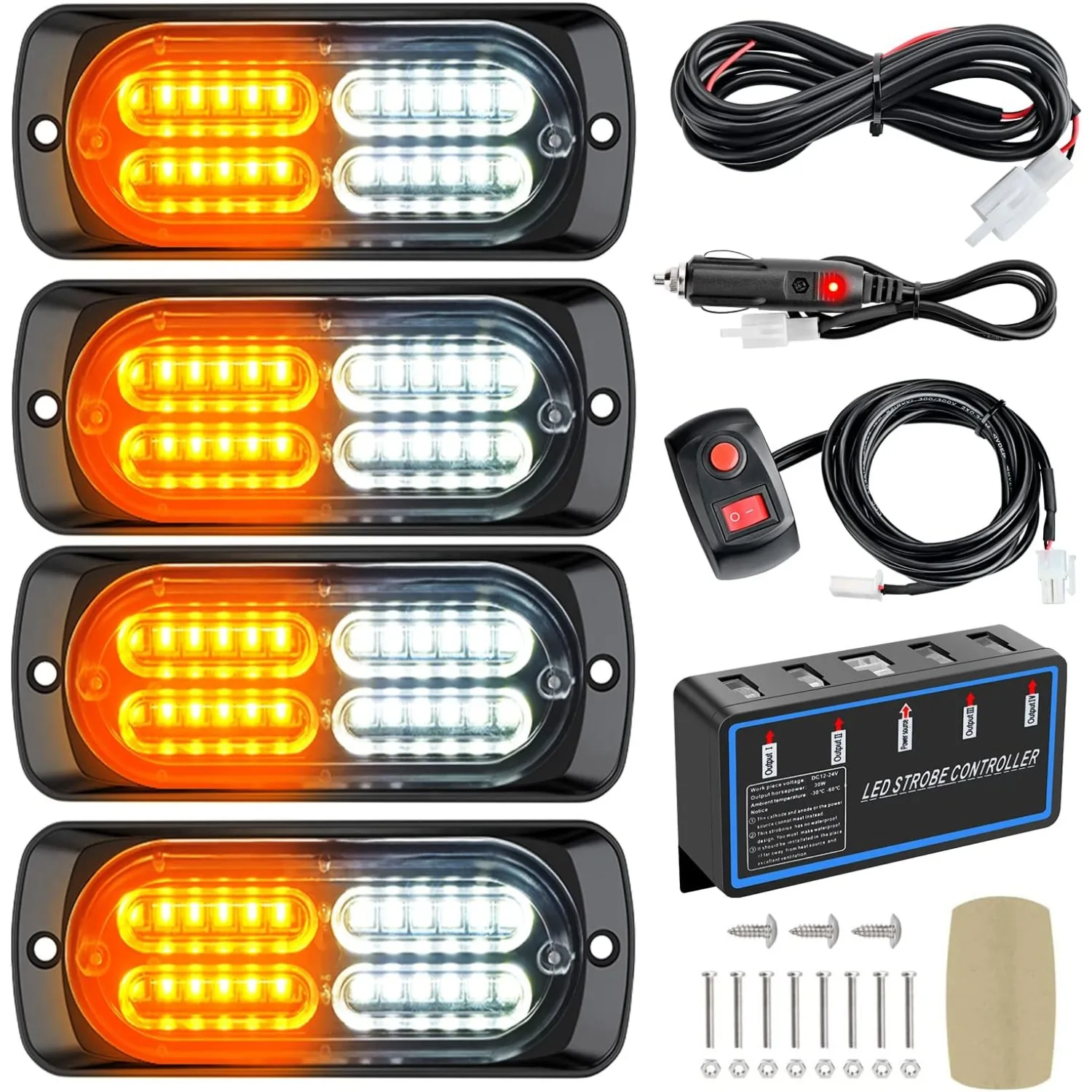 Nilight 4PCS 24 LED Strobe Lights, Amber White Emergency Warning Lights with Sync Function, Controller, Hardwire & Cigarette Lighter Plug for Truck, Car, RV & Camper
