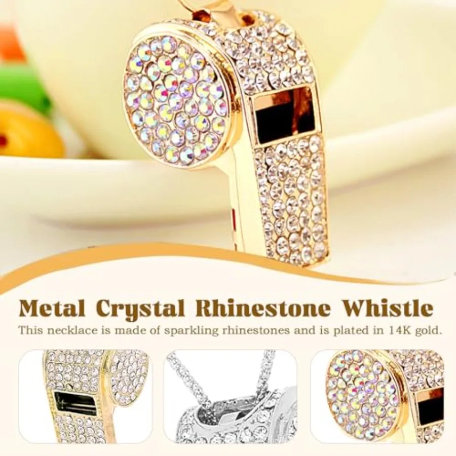 นกหวีด 2 ชิ้น พร้อมพวงกุญแจคริสตัลประดับเพชร นกหวีดโลหะโซ่ยาว ชุบทอง นกหวีดเงางามสำหรับโค้ช ผู้ตัดสิน