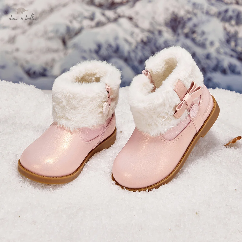 

Dave Bella Кожаная обувь для девочек, зимние нескользящие детские элегантные мягкие бархатные ботинки, детские розовые короткие туфли, детские сапоги DB4254717