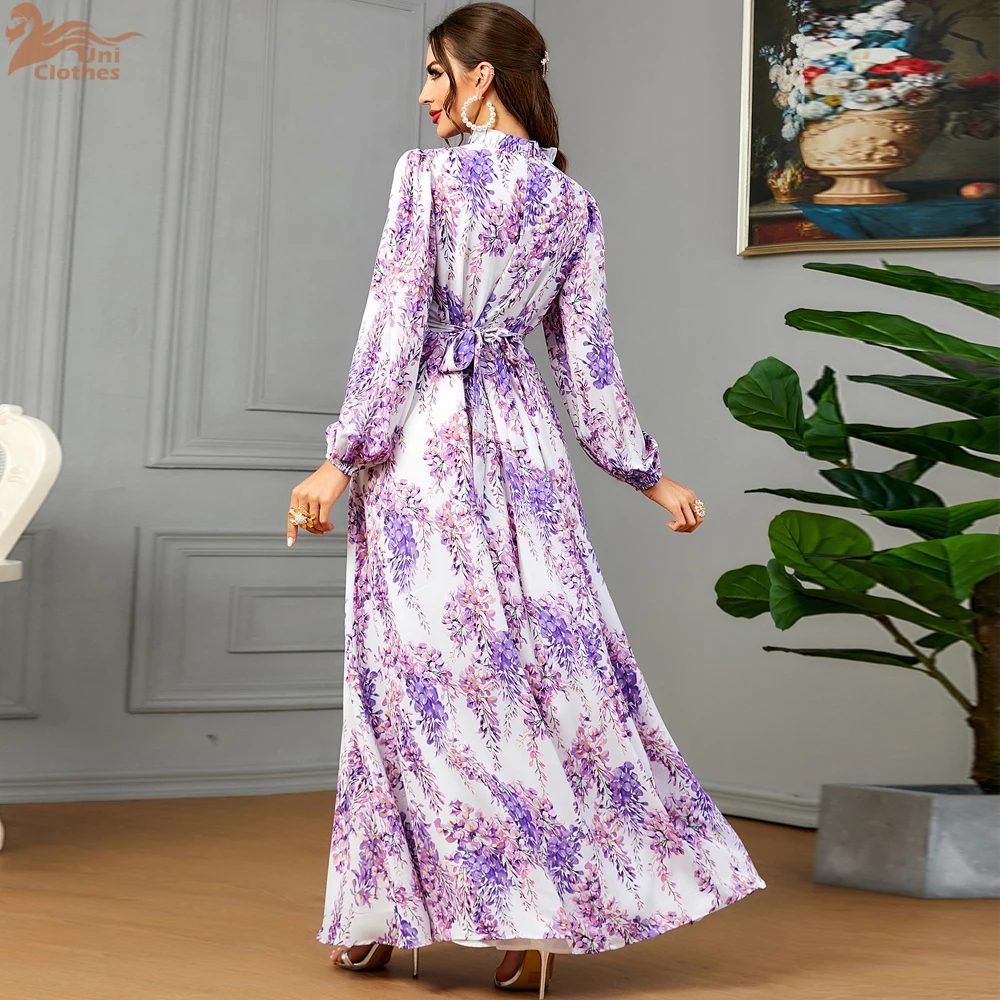 Uni Fashion Elegant Blue Chiffon Printing Party Dress Moroccan Caftan For Women Jalabiyat Turkish Islamic Belted Clothing