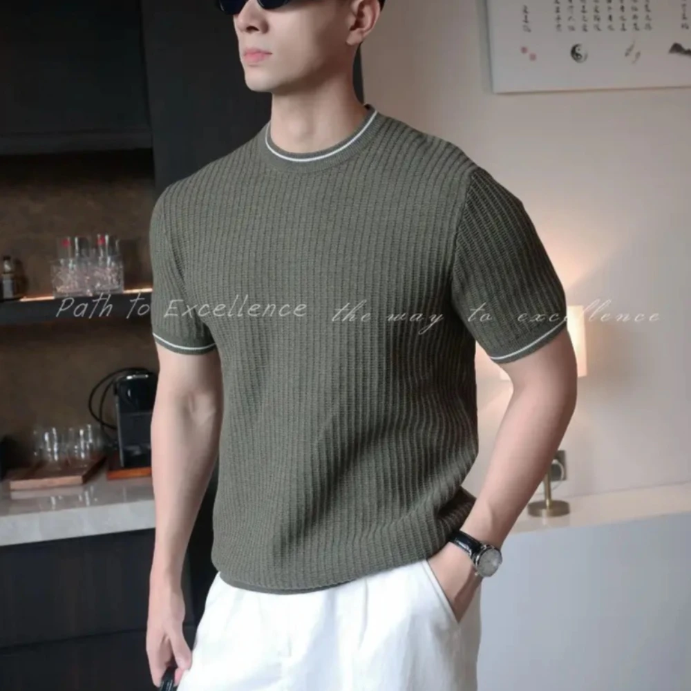 Summer Round Neck Knitted T-shirt Men Striped Ice Silk Breathable Casual T-shirt Versatile Business Social Streetwear T-shirts
