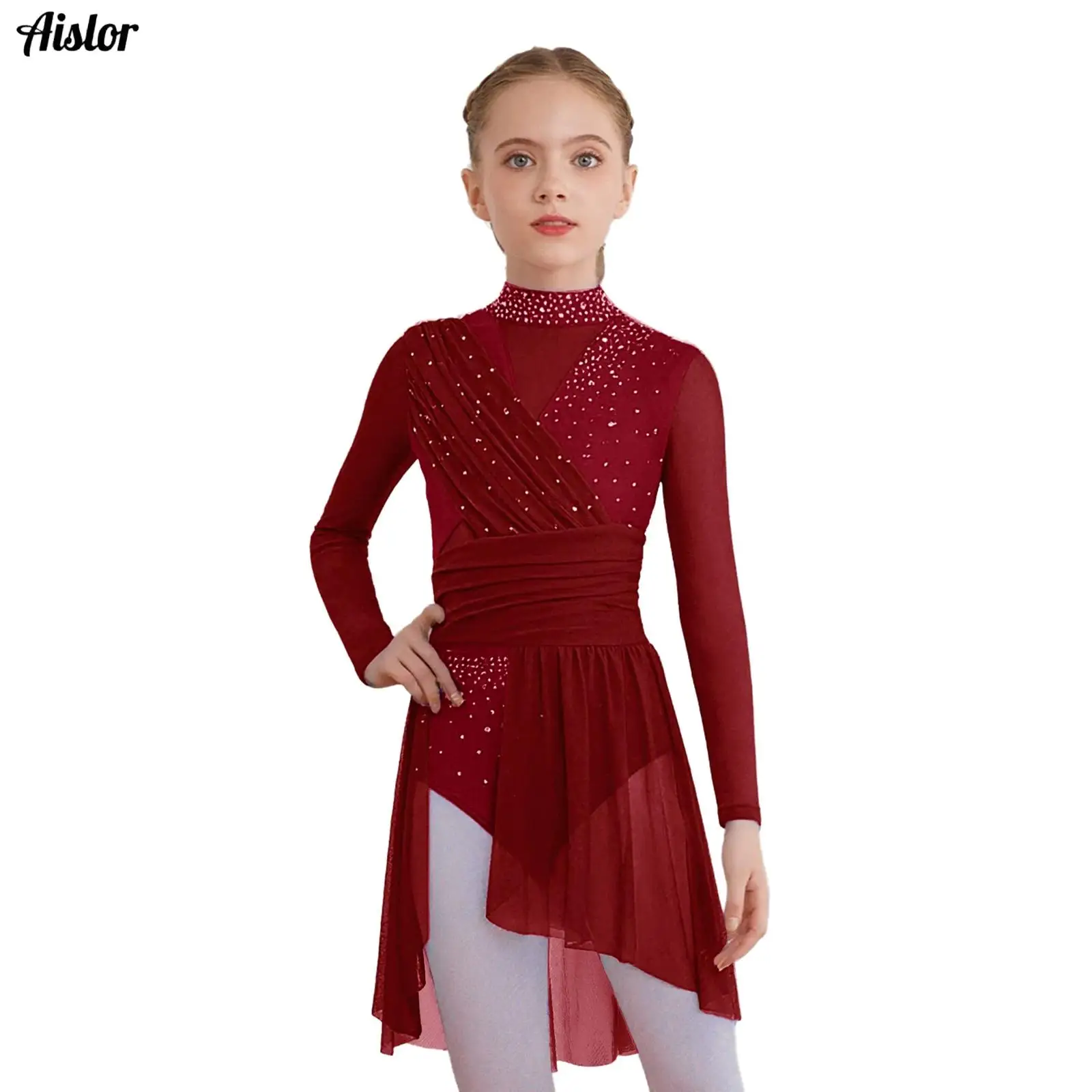 Kids Girls Lyrical Dance Leotard Dress Long Sleeve Cutout Back Side Split Sheer Mesh Ruched Glittery Rhinestones Ballet Dress