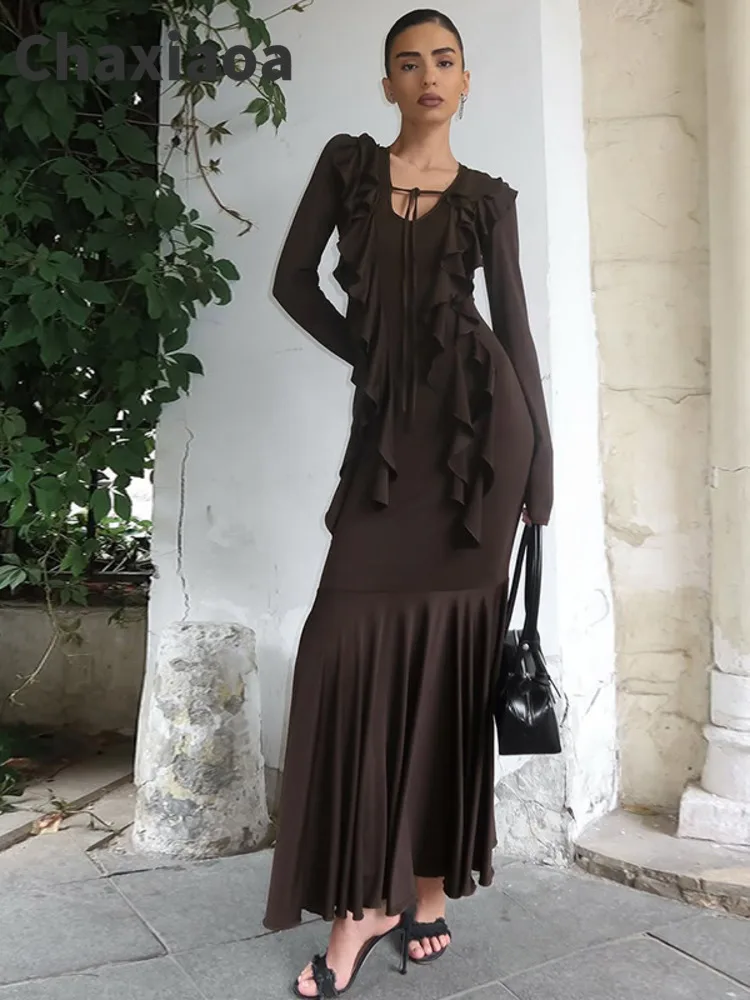 Chaxiaoa Elegant Bodycon Party Club Evening Dress Women 2025 Autumn Fashion Ruffled Lace-Up Long Sleeve Waist-Cinching Clothing