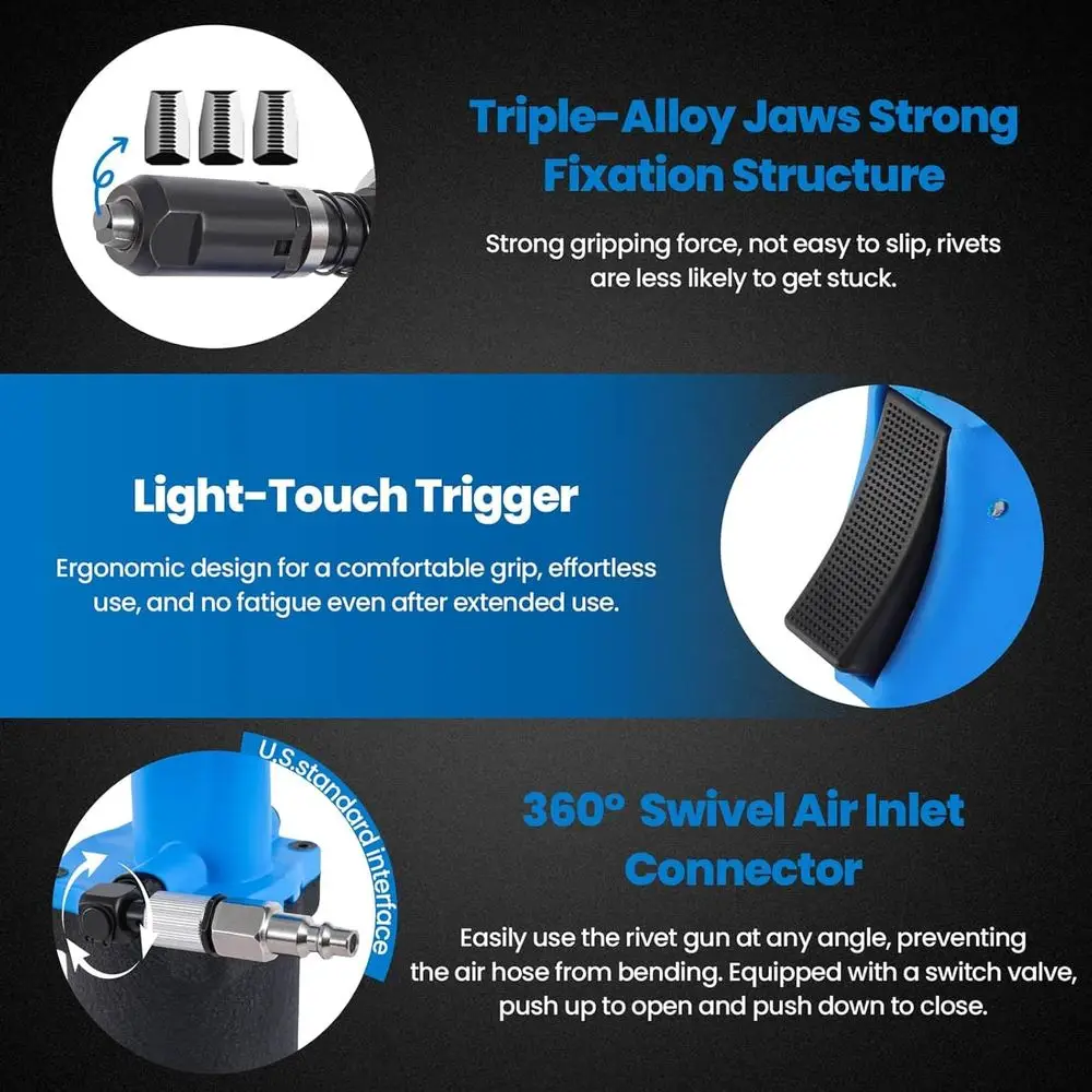Pneumatic Rivet Gun Air Pop Riveter Tool Kit with 3/32, 1/8, 5/32, 3/16 Rivet Nozzles, Self-Suction Pneumatic Riveting Gun, Upgr