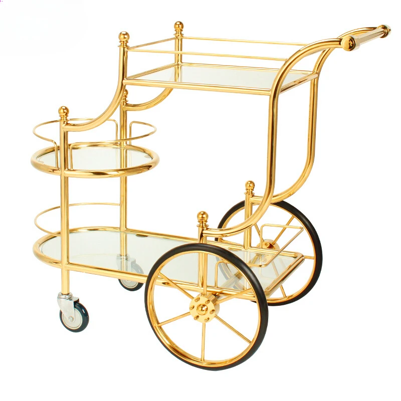 Luxury Gold Metal Wood Tea Wine Food Catering Drinks Serving Trolley Cart For Bar Hotel Restaurant Wedding Party Bar Carts