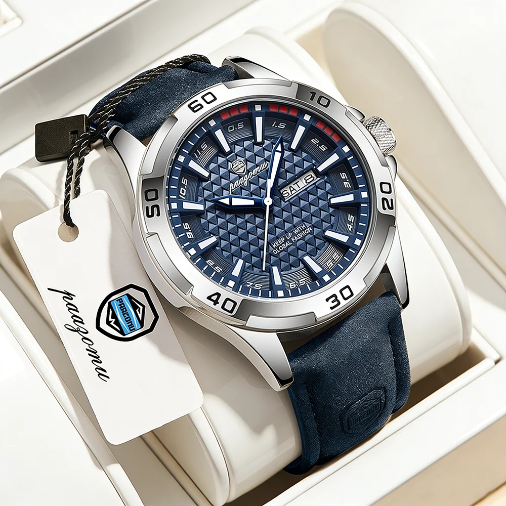 

PAAZOMU Men's Sport Watch - Blue Dial & Suede Leather Strap Day-Date Display 30M Water Resistant Fashion Wristwatch for Outdoor