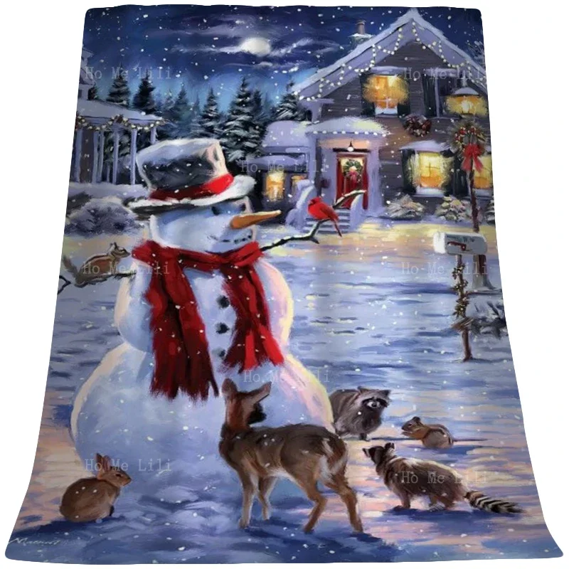 

Dog Xmas Santa Hat Snowman With Friends Animals Snowy Night Scene Merry Christmas Soft Cozy Flannel Blanket