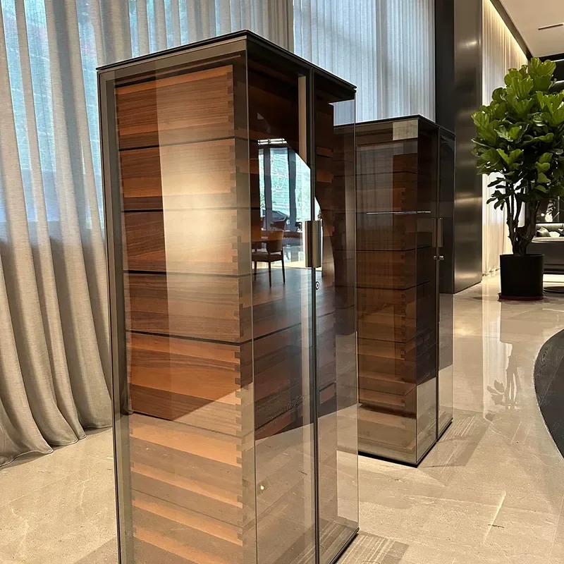 New Chinese Italian Solid Wood Wine Cabinet Glass Door Seven Bucket Locker Creative Light Luxury Tempered Glass Display