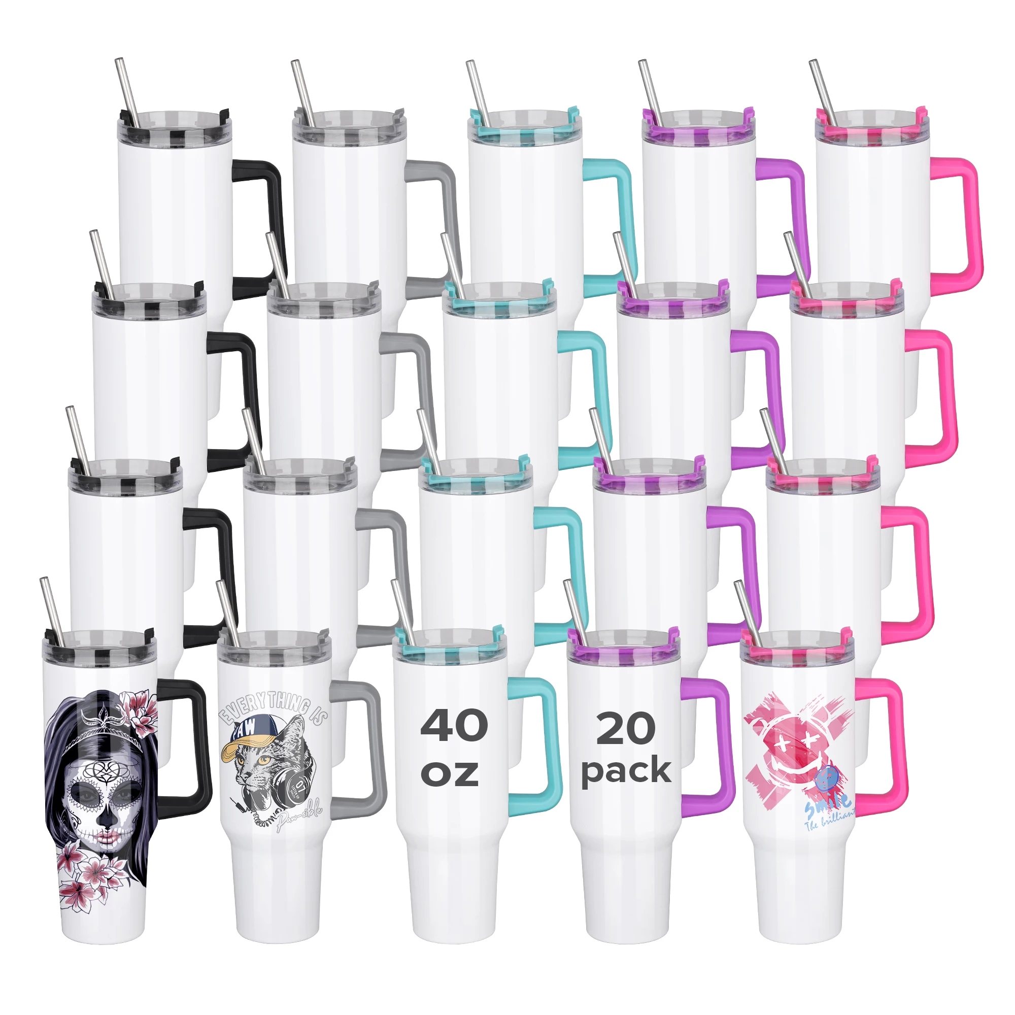 20pcs40OZ sublimation roller straw with handle cover, stainless steel water bottle vacuum insulated travel hot coffee cup