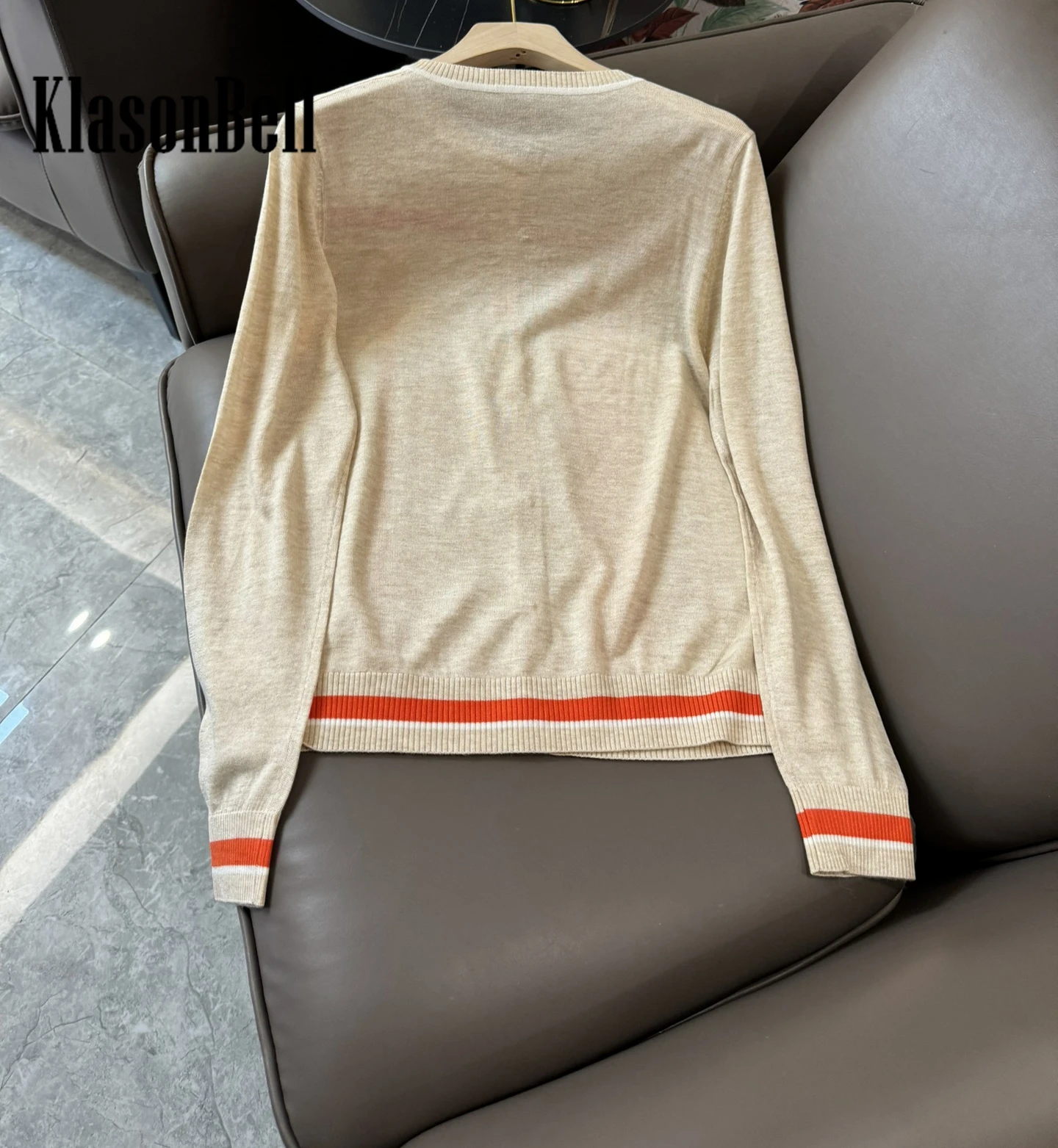 4.14 KlasonBell Spring New Silk Contrast Color Print Spliced Knit O-Neck Single Breasted Straight Cardigan For Female