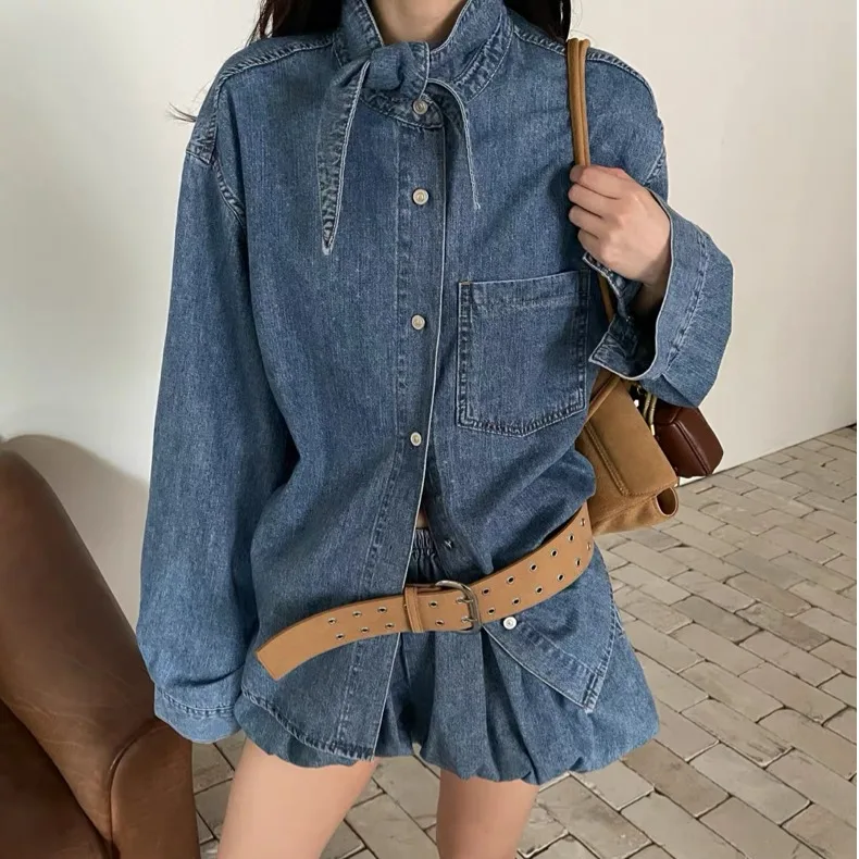 Retro Washed Denim Jacket Pleated Shorts Set Women's Fashion Ensemble Long Sleeve Neutral Style Winter Collection Universal Fit
